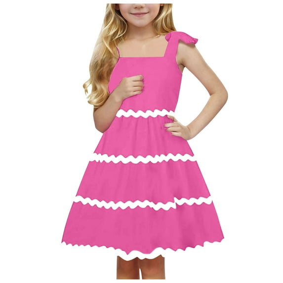 Xyant Girls Summer Dress Tie Shoulder Boho Dresses Cami Midi Tiered A-line Swing Beach Dresses with Pockets Hot Pink,9-10 Years