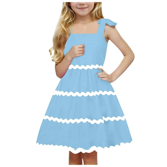 Xyant Girls Summer Dress Tie Shoulder Boho Dresses Cami Midi Tiered A-line Swing Beach Dresses with Pockets Sky Blue,5-6 Years