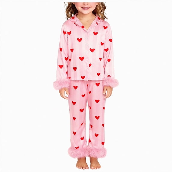 Xyant Girls Valentines Pajamas Satin Pajama Set Silk Pjs Long Sleeve Button Down Heart Sleepwear Loungewear Sets for Toddler Kids,Size 10 Years