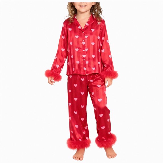Xyant Girls Valentines Pajamas Satin Pajama Set Silk Pjs Long Sleeve Button Down Heart Sleepwear Loungewear Sets for Toddler Kids,Size 5 Years