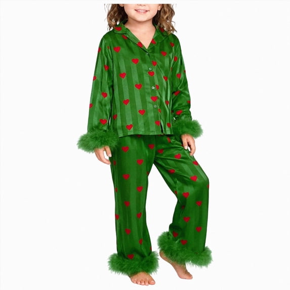 Xyant Girls Valentines Pajamas Satin Pajama Set Silk Pjs Long Sleeve Button Down Heart Sleepwear Loungewear Sets for Toddler Kids,Size 8 Years