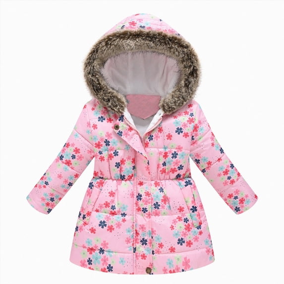 Xyant Girls Winter Coat Jacket with Hooded Long Puffer Jacket Flower Print Warm Outdoor Coats for Kids (Pink,10-11 Years)