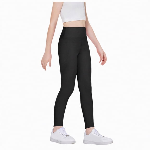 Xyant Girls Workout Leggings Kids High Waist Stretch Athletic Dance Yoga Pants with Pockets (Black,7-8 Years)