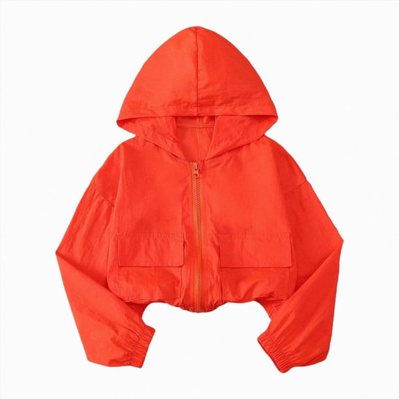 Xyant Girls Zip Up Cropped Windbreaker Jacket Hooded Cargo Lightweight Outerwear (Red,10-11 Years)
