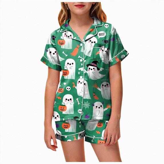 Xyant Halloween Girls Pajamas Pumpkin Ghost Short Sleeve Button Down Shirt Top and Shorts Kids 2pcs Pjs Sets Sleepwear Toddler Pajamas Girl,Size 10-11 Years