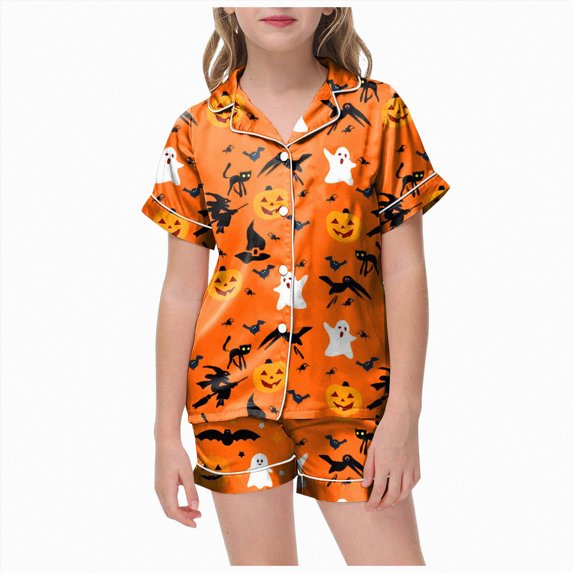 Xyant Halloween Pajamas for Girls Pumpkin Ghost Sleepwear Short Sleeve Jammies for Toddler Kids Button-Down Nightwear 2Pcs Pjs Set,Size 12-13 Years