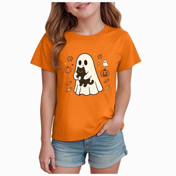 Xyant Halloween Shirt for Boys Girls Cute Pumpkin/Ghost T-Shirt Retro Spooky Season Outfit Fall Tees Kids Toddler Short Sleeve Tops Halloween Tshirt Boys Girls,Size 2-14 Years