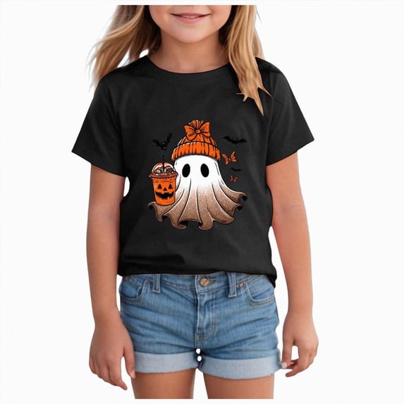 Xyant Halloween Shirt Toddler Girl Pumpkin/Ghost Short Sleeve T Shirts Kids Graphic Clothes Tee Tops Halloween Tshirts Girls,Size 2-14 Years