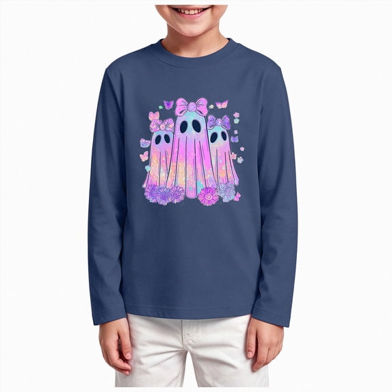 Xyant Halloween Shirt for Toddler Girl Long Sleeve Ghost Tshirt Kids Cotton Tops,Size 2-14 Years