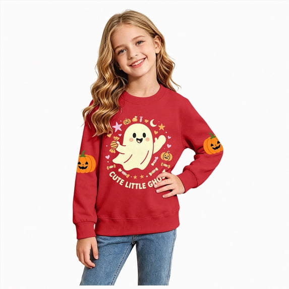 Xyant Halloween Shirt for Toddler Girl Pumpkin Ghost Graphic Tshirts Little Kids Cotton Long Sleeve Tee Top,Size 5-6 Years