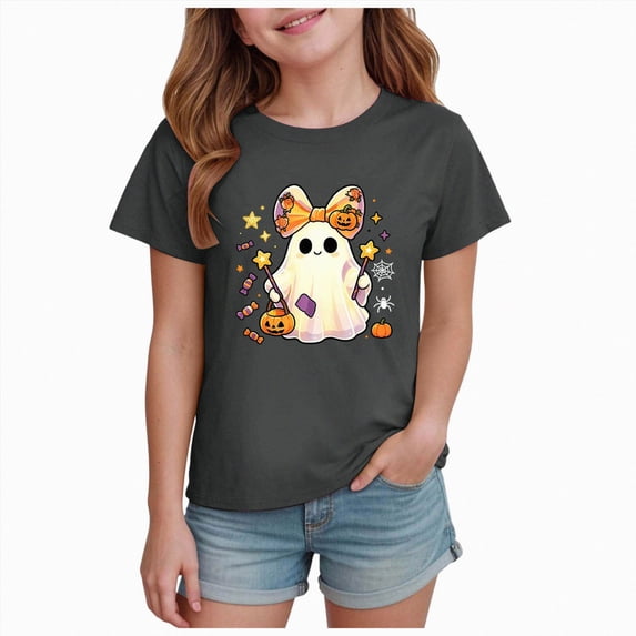 Xyant Halloween Shirts Girls Short Sleeve Boo Shirt Kids Toddler Pumpkin/Ghost T Shirts Cute Retro Tee Tops Halloween Tshirts Girls,Size 2-14 Years