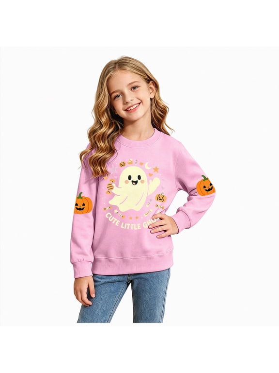 Halloween Shirts Toddler Girl Ghost Print Sweatshirt Little Kids Long Sleeve Tee Top,Size 4-5 Years