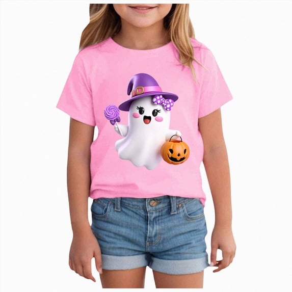 Xyant Halloween Shirts for Girls Cute Pumpkin/Ghost Shirt Kids Toddler Spooky Season Short Sleeve Tee Tops Girls Halloween T Shirt,Size 2-14 Years