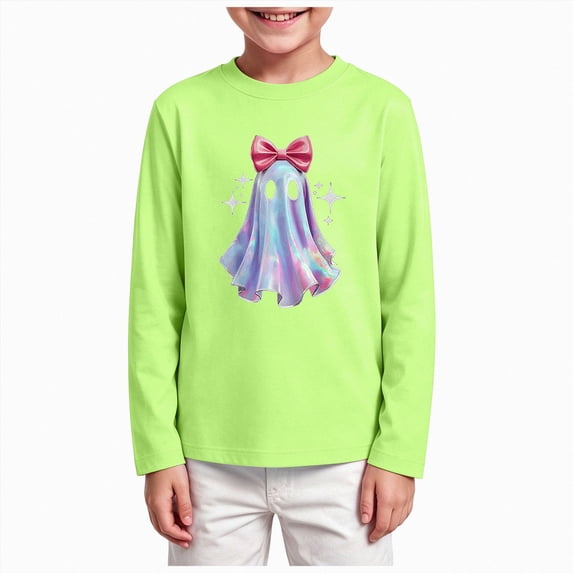 Xyant Halloween Shirts for Girls Long Sleeve Crew Neck Tshirts Kids Toddler Ghost Bowknot Tees Tops,Size 2-14 Years