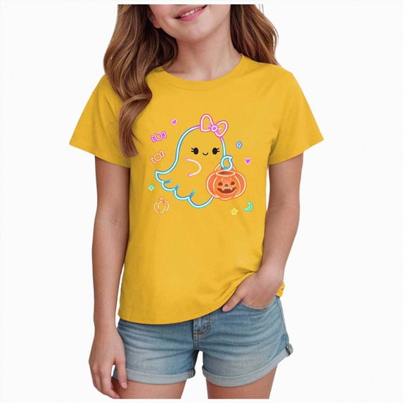 Xyant Halloween Shirts for Kids, Girls Retro Spooky Pumpkin Ghost Tshirts Toddler Cotton Short Sleeve Tee Top,Size 5-6 Years