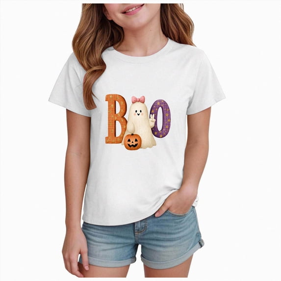 Xyant Halloween Shirts for Toddler Girls Pumpkin Ghost Tshirts Kids Fall Spooky Season Short Sleeve Tee Tops,Size 2-3 Years