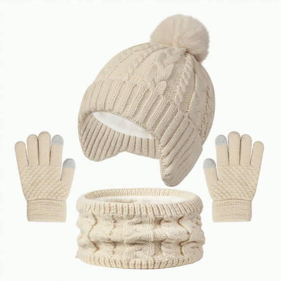 Xyant Hat Gloves Scarf Set Kids, Boys Girls Toddler Knit Beanie Hat and Glove Set for Christmas Gift (Beige,3-10 Years)