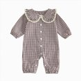 thumbnail image 1 of Xyant Infant Baby Girl Plaid Jumpsuit Long Sleeve Ruffle Peter Pan Collar Gingham Romper Fall One Piece Outfit (Coffee,12-18 Months), 1 of 6