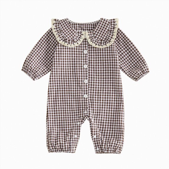 Xyant Infant Baby Girl Plaid Jumpsuit Long Sleeve Ruffle Peter Pan Collar Gingham Romper Fall One Piece Outfit (Coffee,12-18 Months)