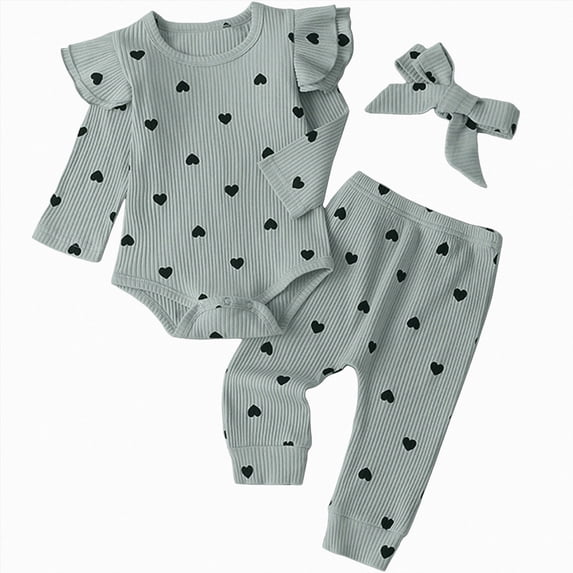 Xyant Infant Newborn Baby Girl Clothes Fall Winter Two-Piece Suit Heart Print Ribbed Bow Romper Tops+ Pants Headband Set Baby Girl Clothes (Light Blue,9-12 Months)