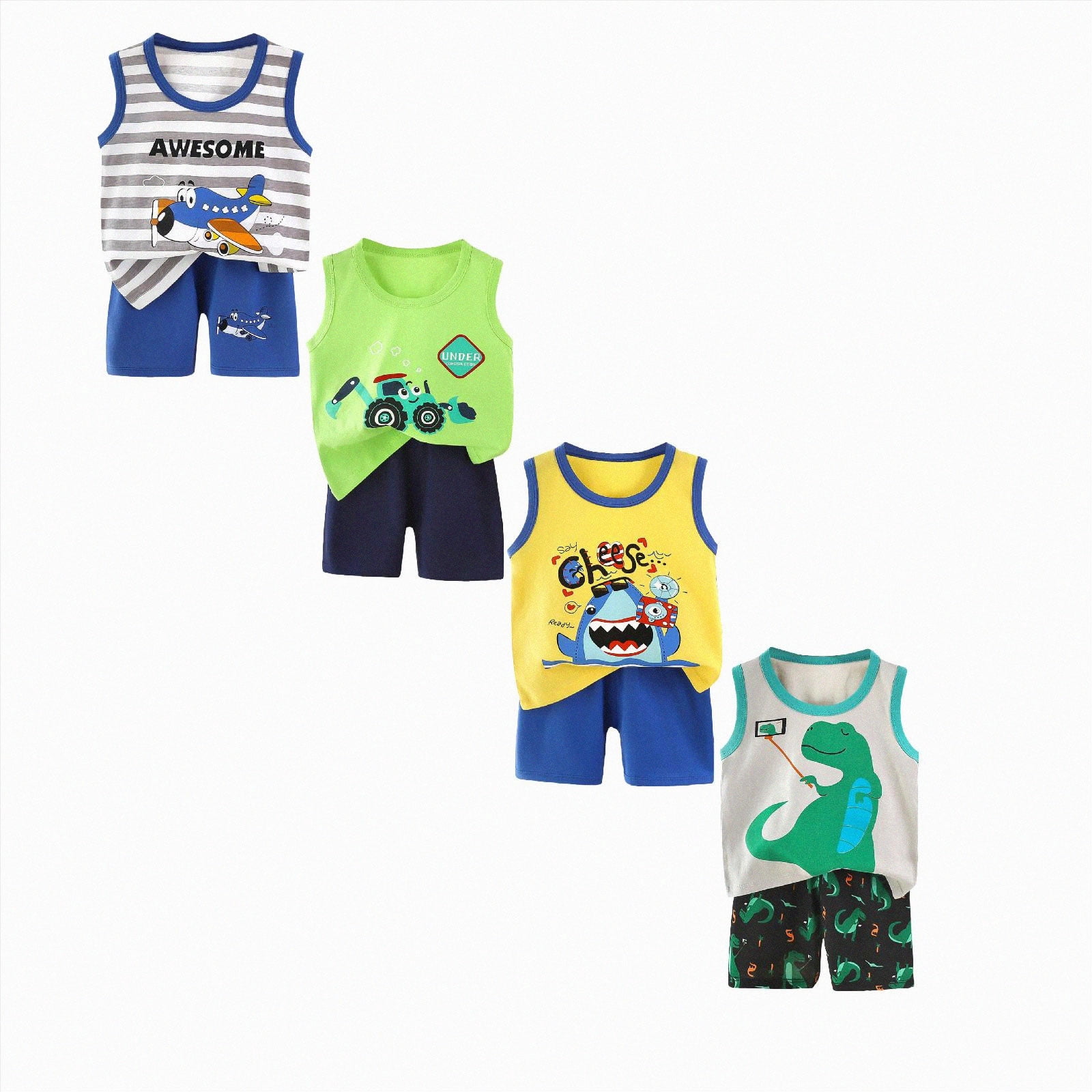 Infant Toddler Baby Boy Summer Clothes 3 6 12 18 24 Months 2T 3T 4T 5T Boys Outfits 8-piece Airplane Print Sleeveless Tank Tops Elastic Waist Solid Shorts Sets,Size 3-4T