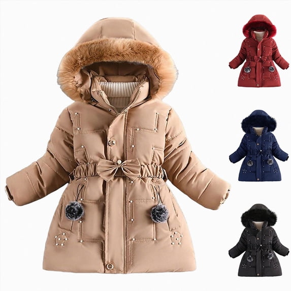 Xyant Kid Girls Fleece Lining Coat with Belt Cute Pearl Dress Coat Winter Warm Collar Snow Puffer Jacket (Khaki,5-6 Years)