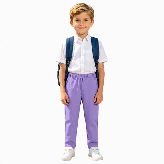 Xyant Kids Boys School Uniform Pants Casual Straight Leg Pull-On Pant Elastic Waist Flat Front Pants (Purple,7-8 Years)