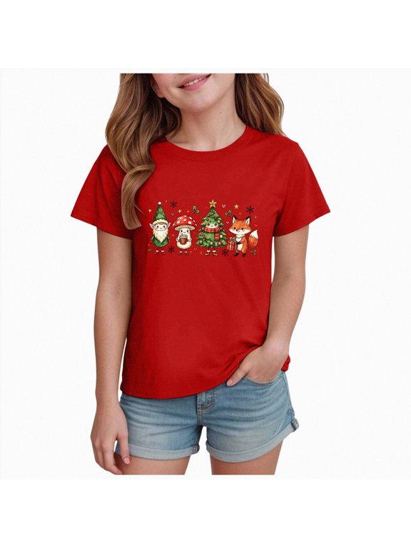 Kids Christmas Shirts Boys Girls Christmas Tree/Elf Print Crew Neck Short Sleeve T Shirts Toddler Xmas Holiday Casual Graphic Tee Tops, Size 11-12 Years