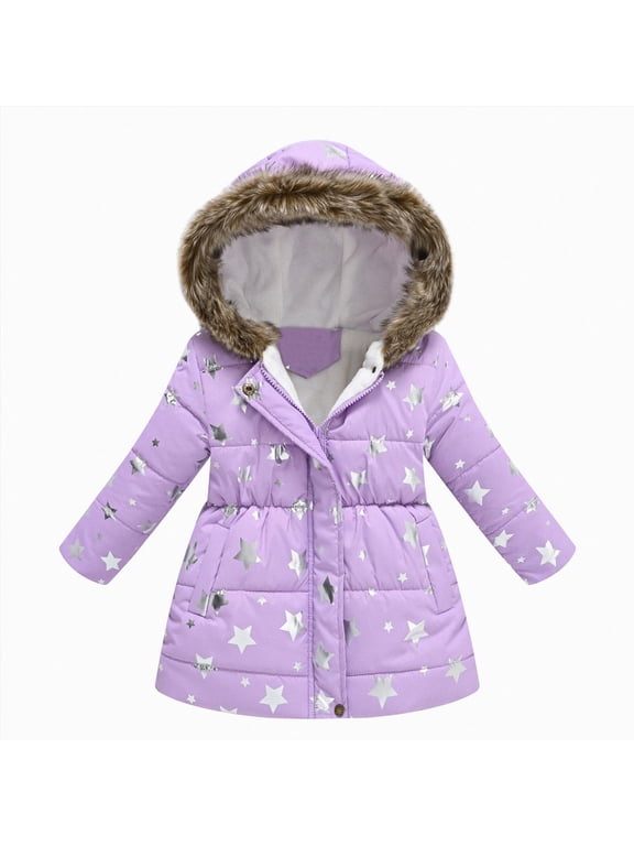 Kids Girls Light Puffer Floral Print Hoodie Zip Up Fleece Fall Winter Jacket (Light Purple,4-5 Years)