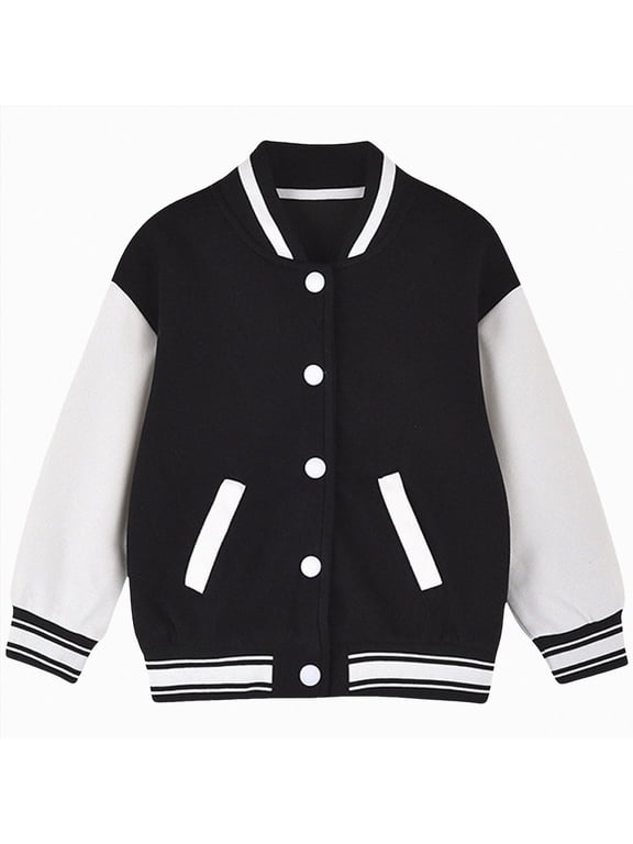 Kids Varsity Baseball Jacket Girls Boys Lightweight Cardigan Sweats Varsity Sport Team Uniforms School Coat with Pocket (Black,11-12 Years)