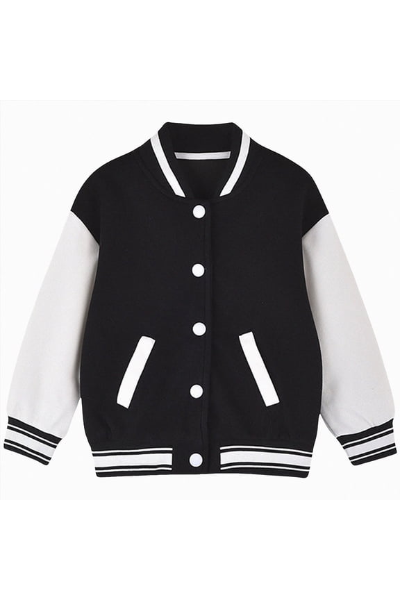 Kids Varsity Jacket Girls Boys Baseball Jacket Bomber Coat School Uniform with Pocket (Black,9-10 Years)