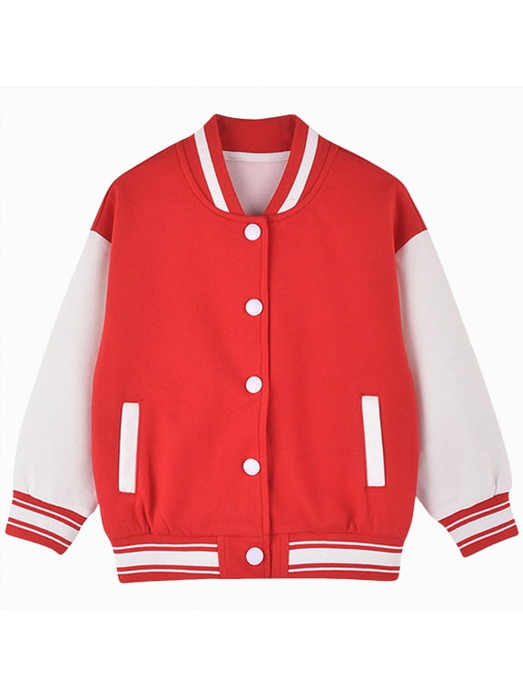 Kids Varsity Jacket Girls Boys Baseball Jacket Bomber Coat School Uniform with Pocket (Red,11-12 Years)