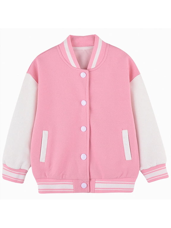 Kids Varsity Jackets Girls Boys Color Block Baseball Jacket Lightweight Bomber Coat School Outwear with Pocket (Pink,5-6 Years)
