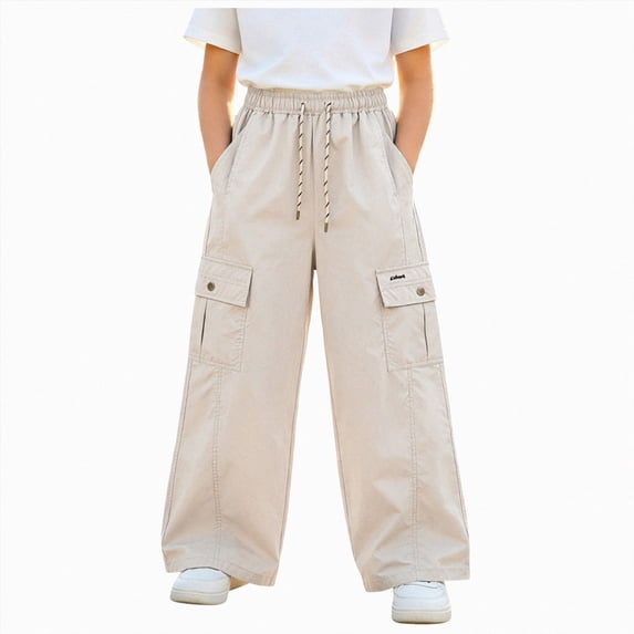 Xyant Lightweight Silky Jogger Pants for Girls Kids Warm Weather Cargo Loose High Waisted Pants (Beige,15-16 Years)