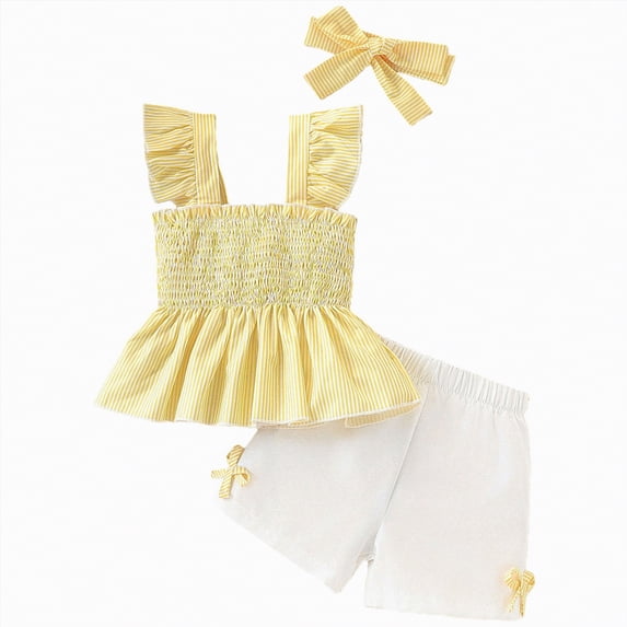 Xyant Little Girl Summer 3 Piece Outfits Set Fly Sleeve Smocked Ruffle Tank Top Elastic Waist Shorts with Headband Toddler Kids Clothes (Yellow,2-3 Years)