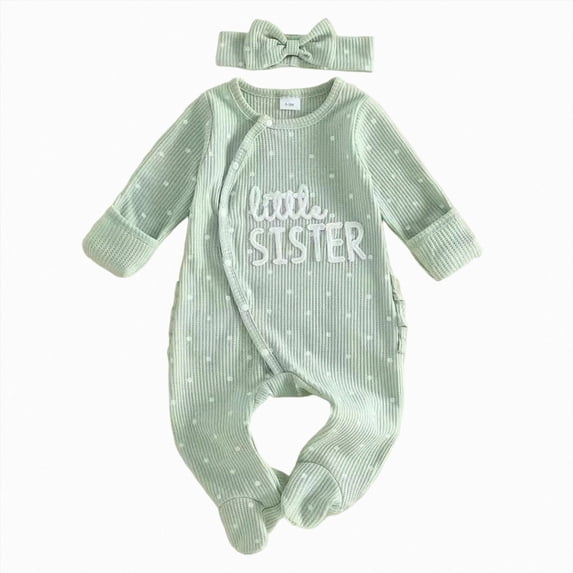 Xyant Little Sister Newborn Baby Girl Fall Clothes Long Sleeve Romper Jumpsuit with Mitten Cuffs Headband Newborn Coming Home Outfit,Size 1-3 Months
