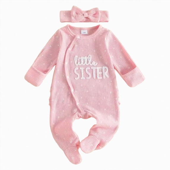 Xyant Little Sister Newborn Baby Girl Fall Clothes Long Sleeve Romper Jumpsuit with Mitten Cuffs Headband Newborn Coming Home Outfit,Size 3-6 Months