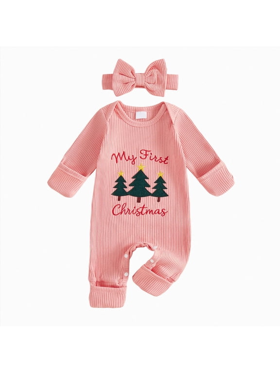 My First Christmas Baby Girl Outfit Newborn Onesie Embroidery Long Sleeve Romper Headband Fall Winter Clothes,Size 0-3 Months