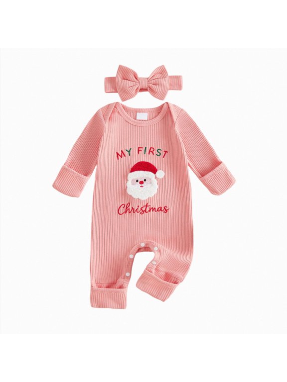My First Christmas Baby Girl Outfit Newborn Onesie Embroidery Long Sleeve Romper Headband Fall Winter Clothes,Size 3-6 Months