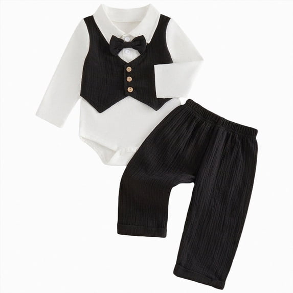 Xyant Newborn Baby Boy Dress Clothes Long Sleeve Romper Shirt Bowtie Waistcoat Suspender Pants Set Suit Fall Winter Outfits (Black,12-18 Months)