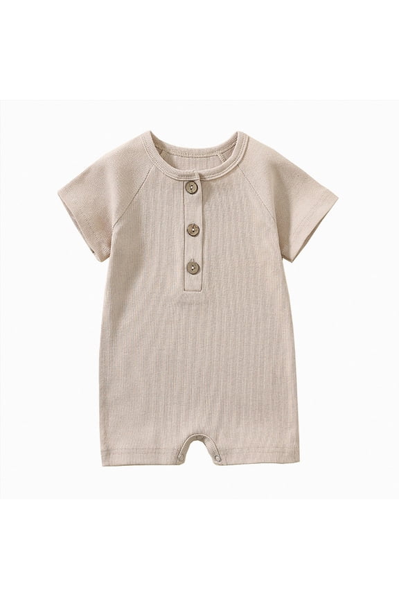 Newborn Baby Boy Short Sleeve Romper Jumpsuit Ribbed Onesie Neutral Outfit Summer Clothes 0 3 6 9 12 Months Outfit (Beige,3-6 Months)