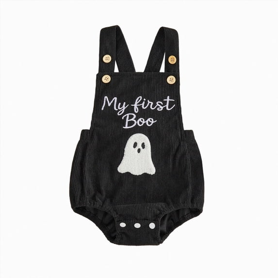 Xyant Newborn Baby Girl Boy Halloween Outfit Pumpkin/Ghost Embroidery Romper Sleeveless Corduroy Overalls Halloween Clothes,Size 12-18 Months