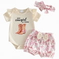 thumbnail image 1 of Xyant Newborn Baby Girl Western Outfits Cowgirl Summer Clothes Ruffle Short Sleeve Letter Romper Boots Horse Shorts Headband Set (Beige,6-9 Months), 1 of 5
