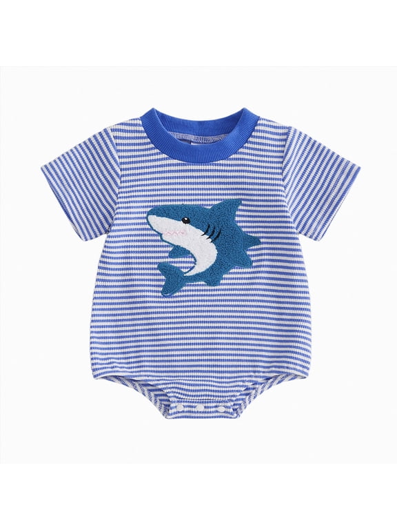 Newborn Boy Turtle Romper Short Sleeve Waffle Striped Shark Bodysuit Summer Clothes Infant Baby Sea Animal Outfit (Blue,0-3 Months)