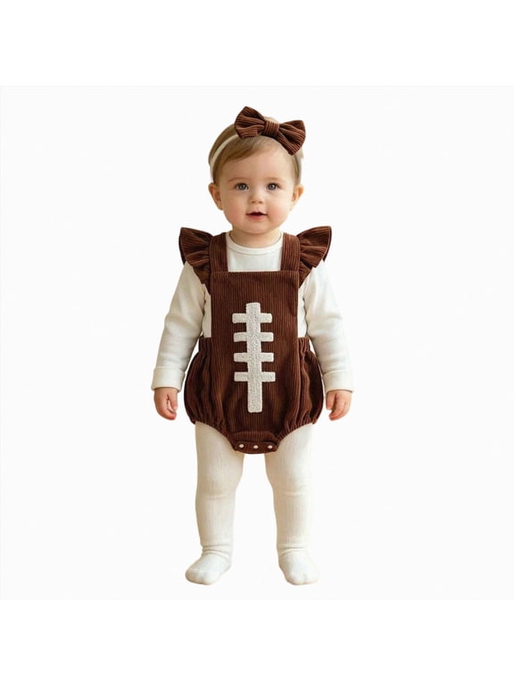 Newborn Football Romper Baby Girl Corduroy Overalls Infant Football Onesie Bodysuit Game Day Outfit with Headband,Size 0-3 Months