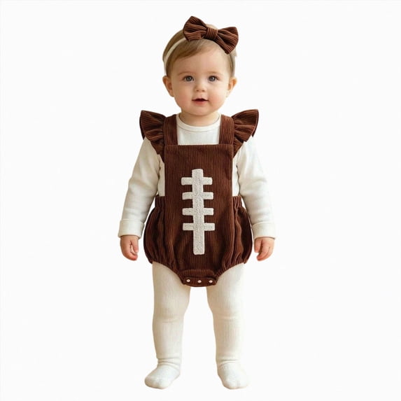 Xyant Newborn Football Romper Baby Girl Corduroy Overalls Infant Football Onesie Bodysuit Game Day Outfit with Headband,Size 12-18 Months