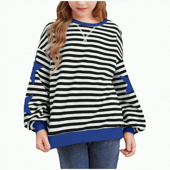 Xyant Oversized Sweatshirts for Girls 2025 Fall Crewneck Striped Long Sleeve Shirts Hoodies Cute Top Y2K Winter Outfits (Blue,13-14 Years)