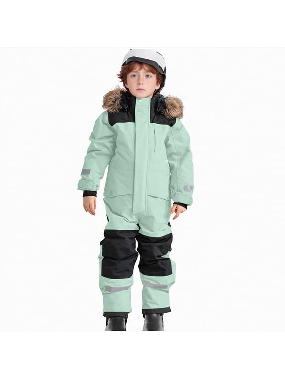 Snow Suit for Kids Fashion Boys Girls One Piece Snowsuit Kids Toddler Ski Suit Outfit Windproof Waterproof Snowboard Suit Teen Winter Clothes (Light Green,12-13 Years)