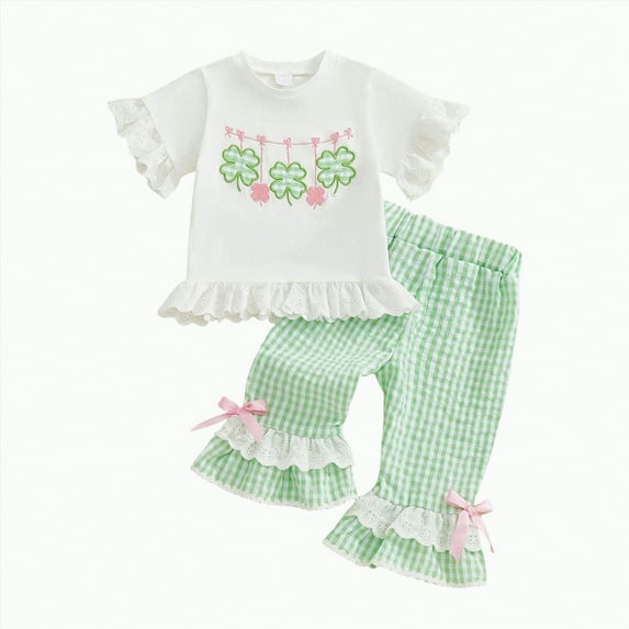 Xyant St Patricks Day Toddler Baby Girl Outfit Shamrock Short Sleeve Tops Plaid Flared Pants Set Toddler Girl Irish Swummer Clothes (White,2-3 Years)
