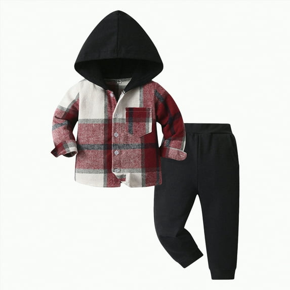 Xyant Toddler Baby Boy Clothes Long Sleeve Tie-dye Plaid Flannel Button Down Hoodie Sweatshirt Top + Jogger Pants Outfit Set Fall Winter Sweatsuit (Red,3-6 Months)